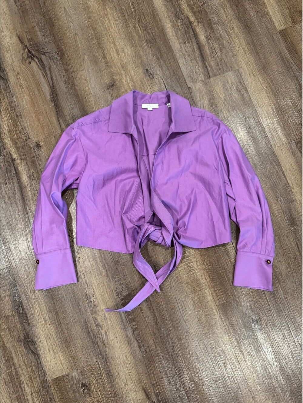 VINCE Women's Purple Cropped Tie-Front Pearl Cuff Shirt Size XS
